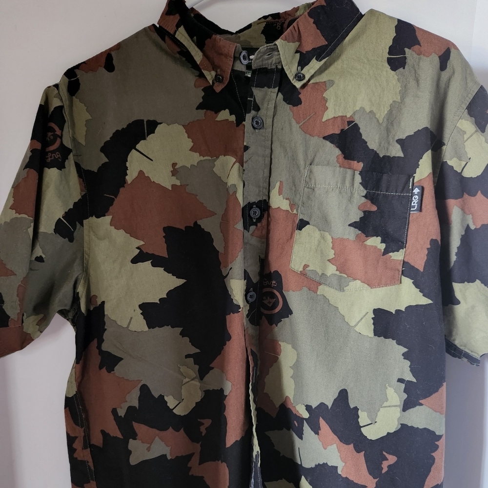 LRG Men's Camo Button-Down Shirt in Olive, Brown & Black